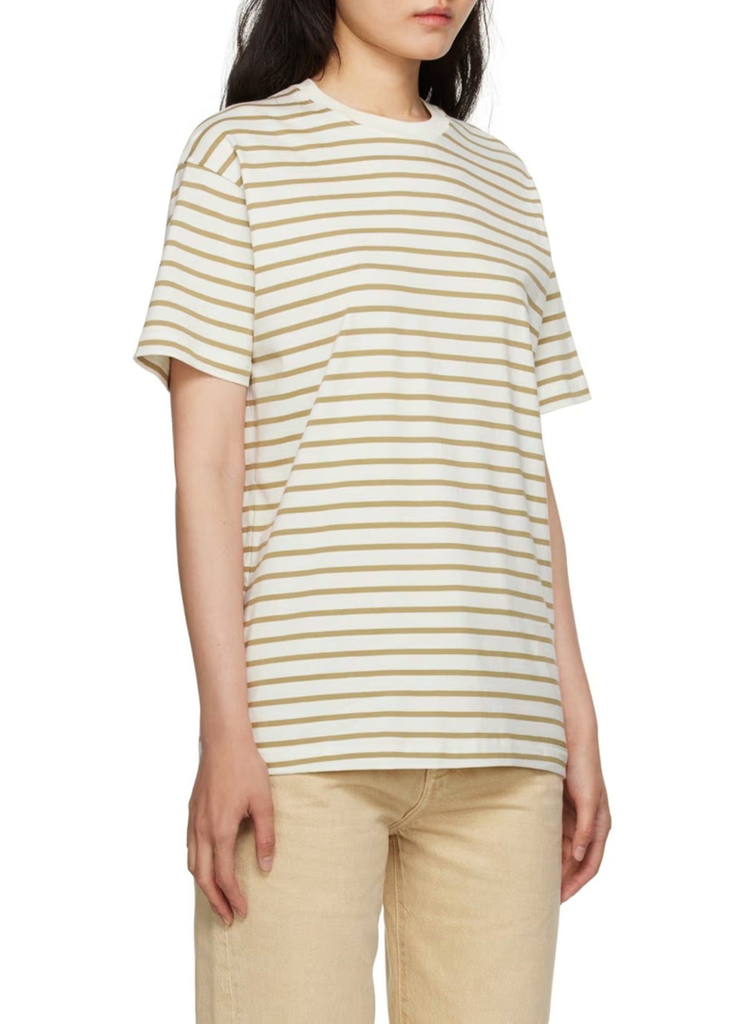 T-shirt droit à col rond - Camel Stripe