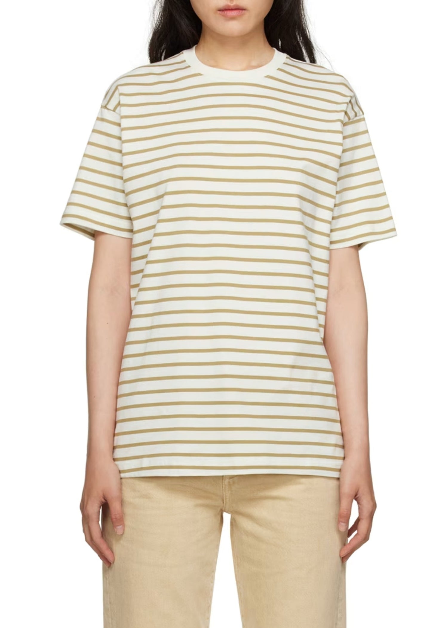 T-shirt droit à col rond - Camel Stripe