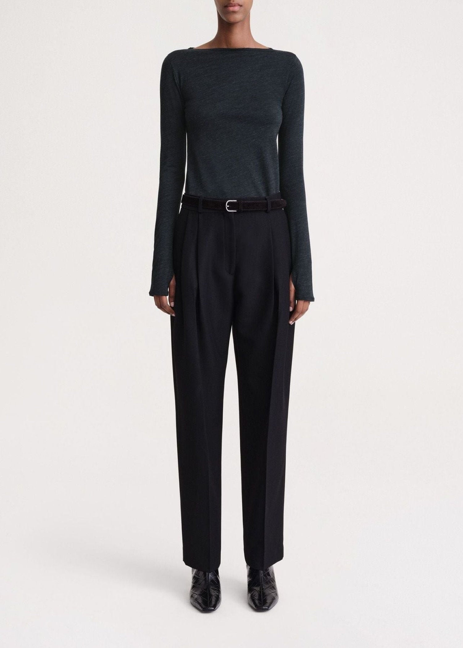 Long-sleeved woolen boat neck T-shirt - Navy Melange