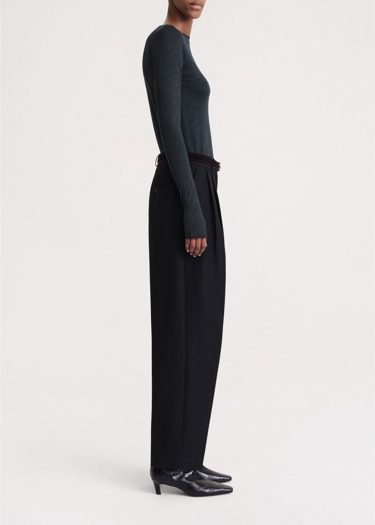 Long-sleeved woolen boat neck T-shirt - Navy Melange