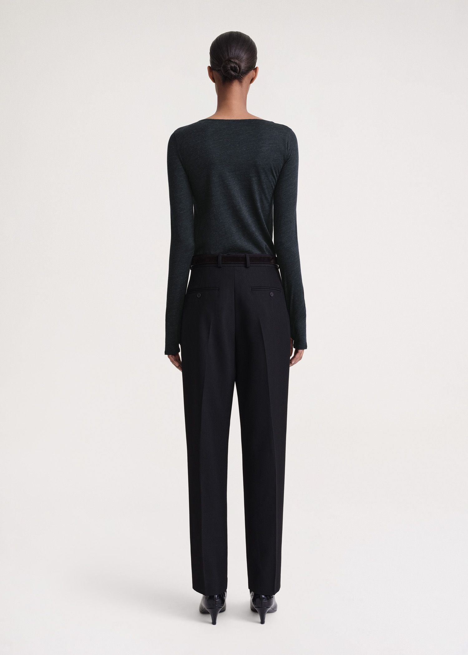 Long-sleeved woolen boat neck T-shirt - Navy Melange