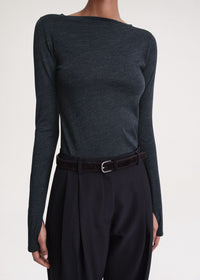 Long-sleeved woolen boat neck T-shirt - Navy Melange