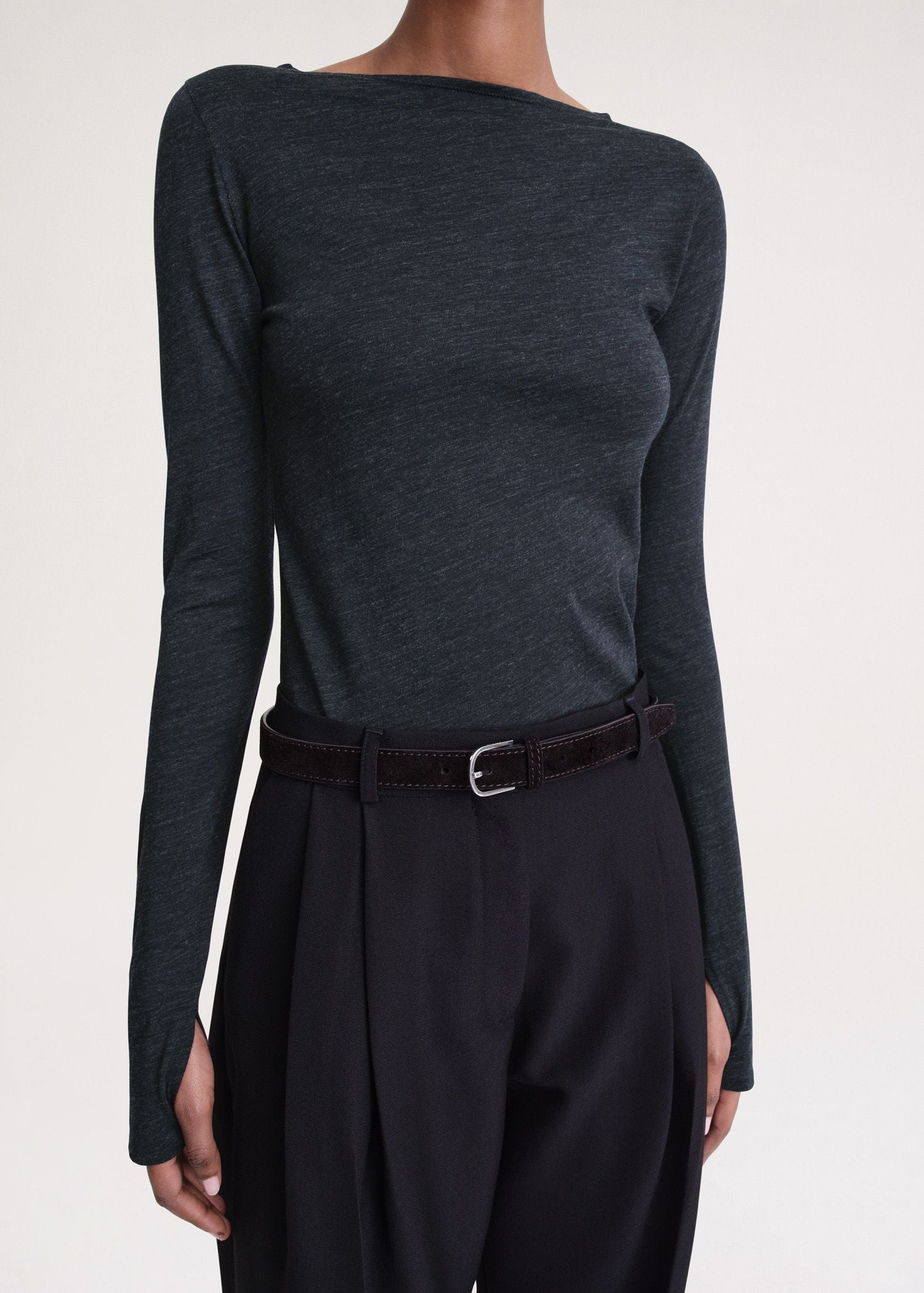 Long-sleeved woolen boat neck T-shirt - Navy Melange