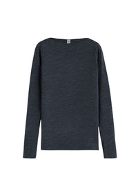 Long-sleeved woolen boat neck T-shirt - Navy Melange