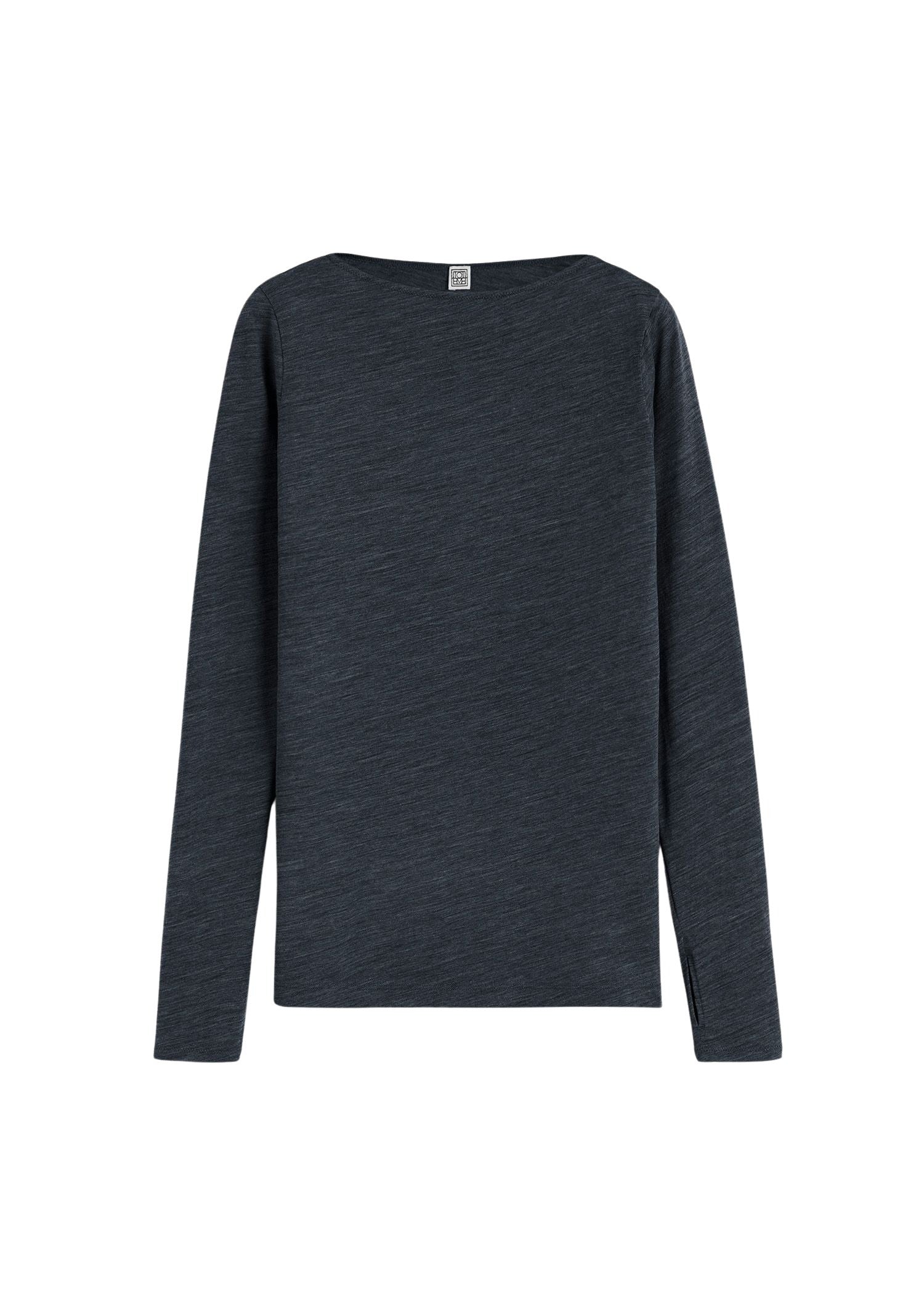 Long-sleeved woolen boat neck T-shirt - Navy Melange