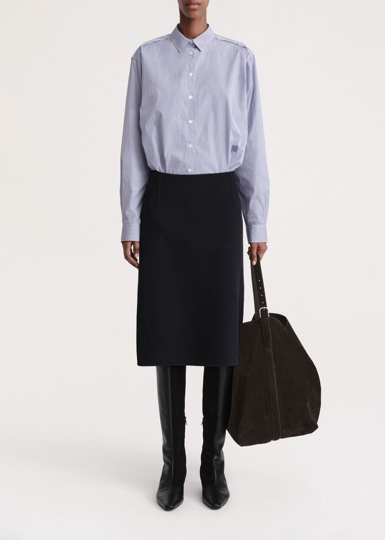 Wool mid-length skirt with side slit - Navy