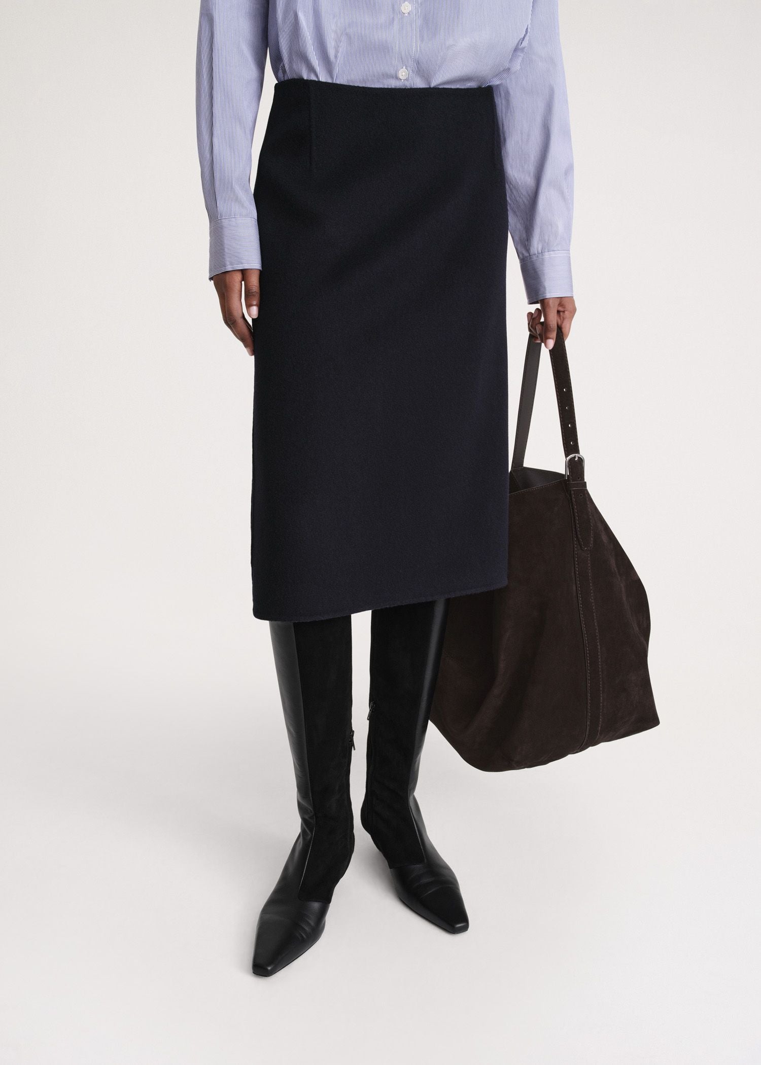Wool mid-length skirt with side slit - Navy