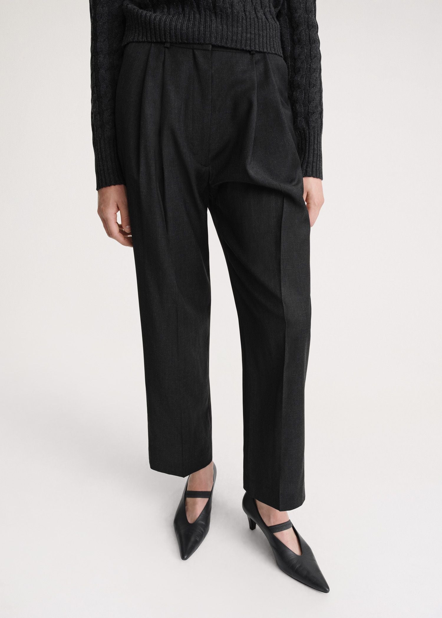 Pantalon court à double plis en laine - Charcoal Melange