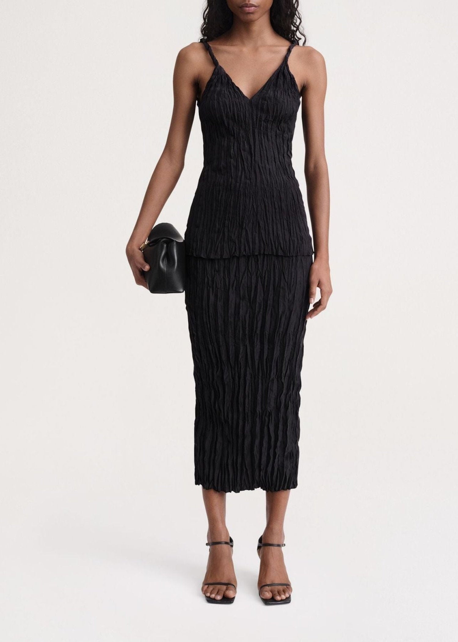 Textured tank top with twisted silk straps - Black