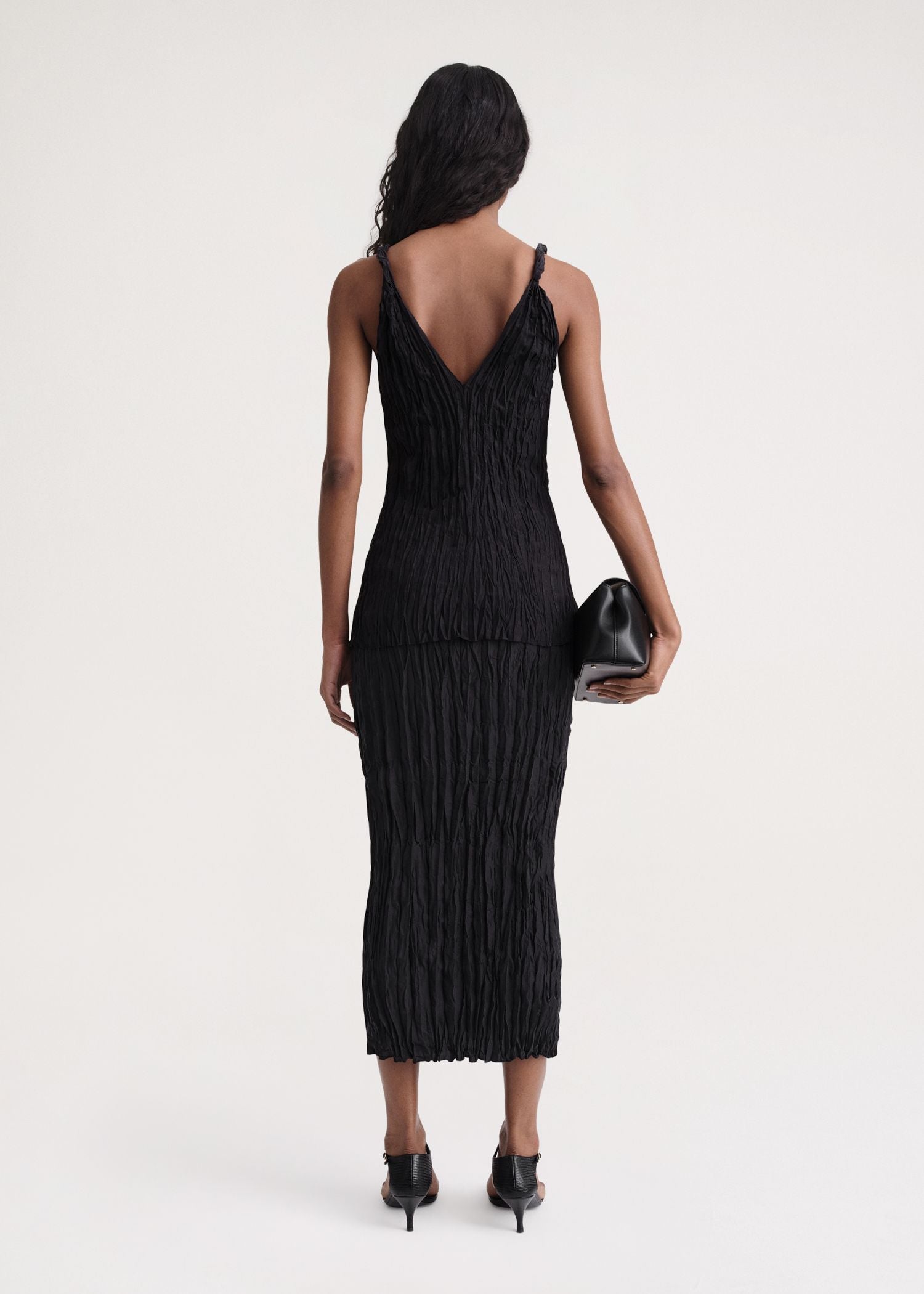 Textured tank top with twisted silk straps - Black