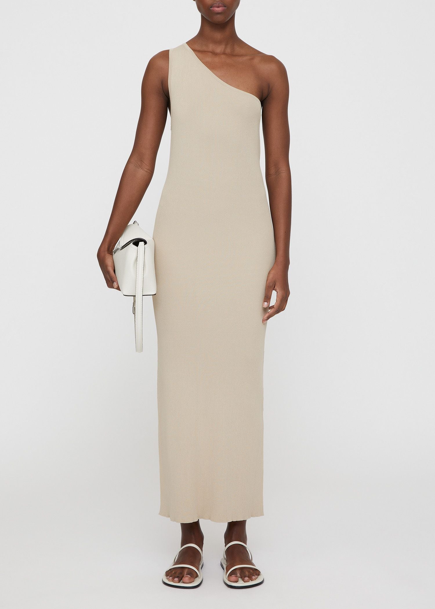 Robe longue côtelée à une épaule - Overcast Beige