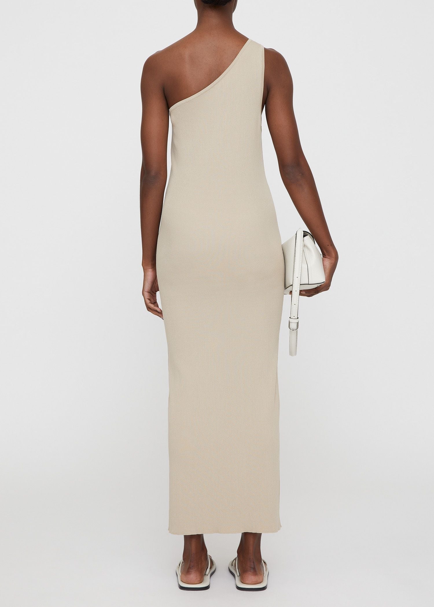 Robe longue côtelée à une épaule - Overcast Beige