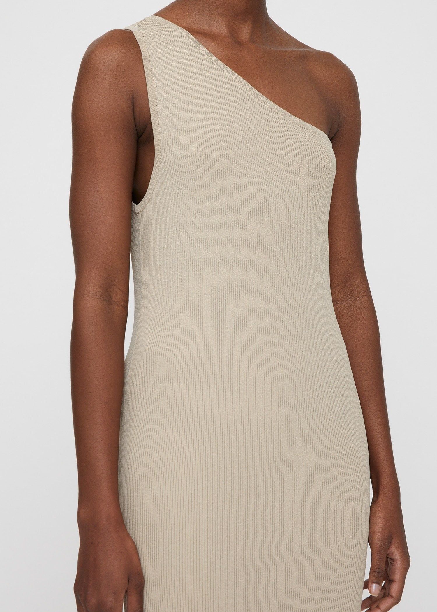 Robe longue côtelée à une épaule - Overcast Beige