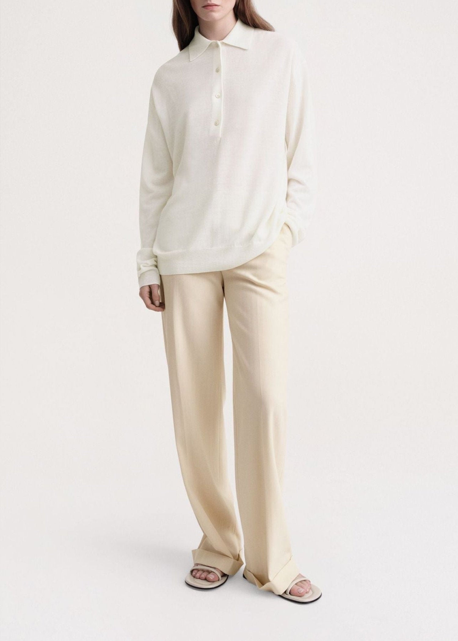 Long-sleeved wool polo shirt - Cream