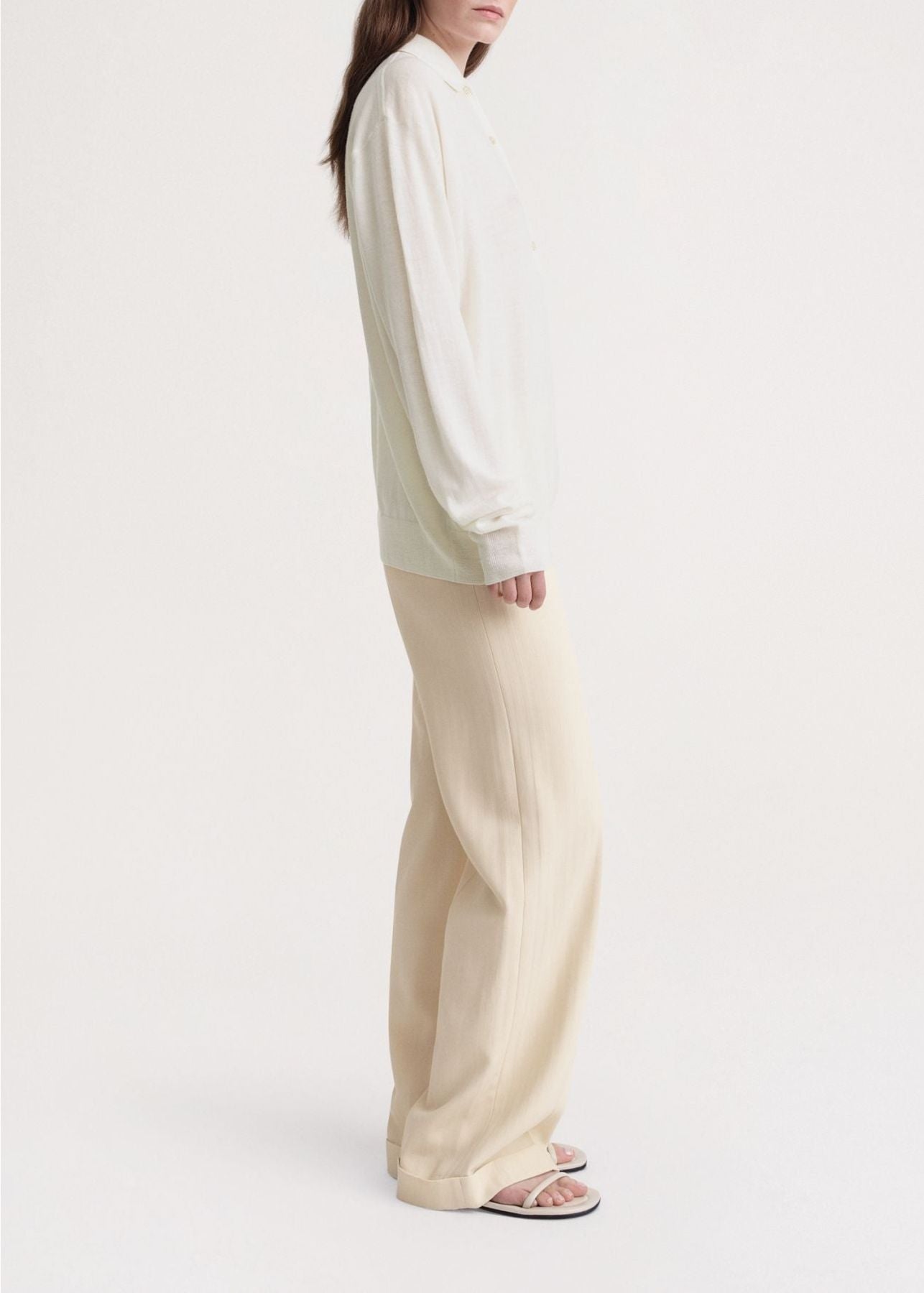 Long-sleeved wool polo shirt - Cream