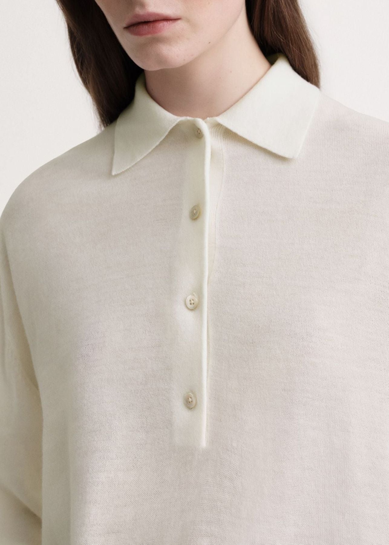 Long-sleeved wool polo shirt - Cream