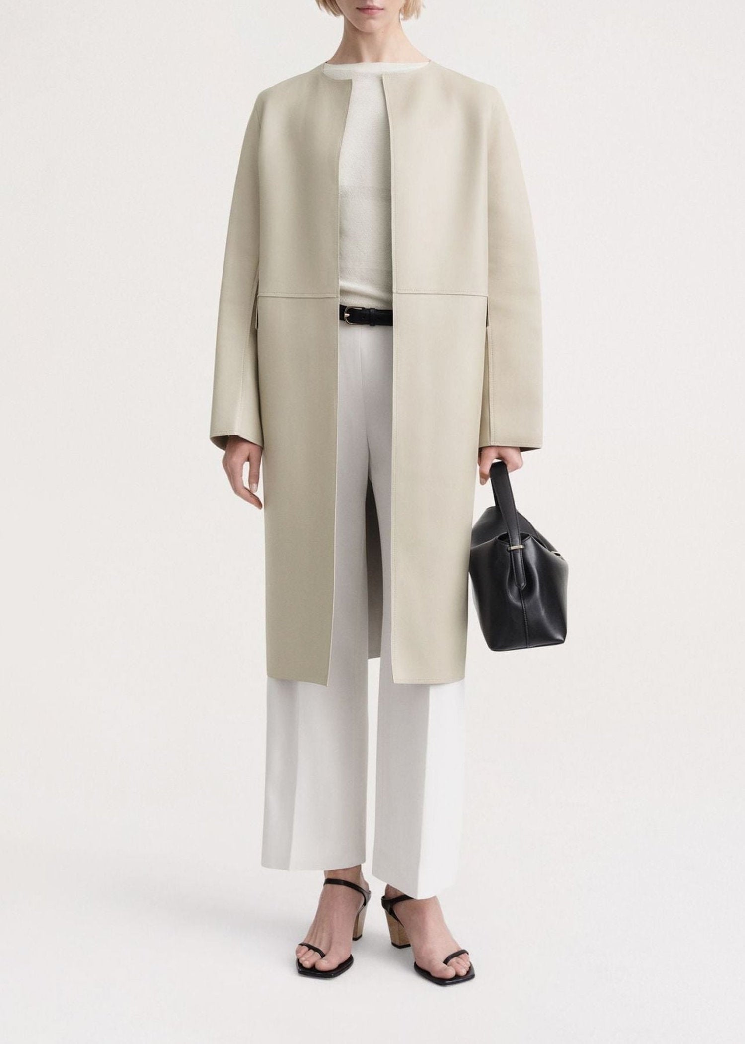 Manteau à encolure ronde en cuir - Eggshell