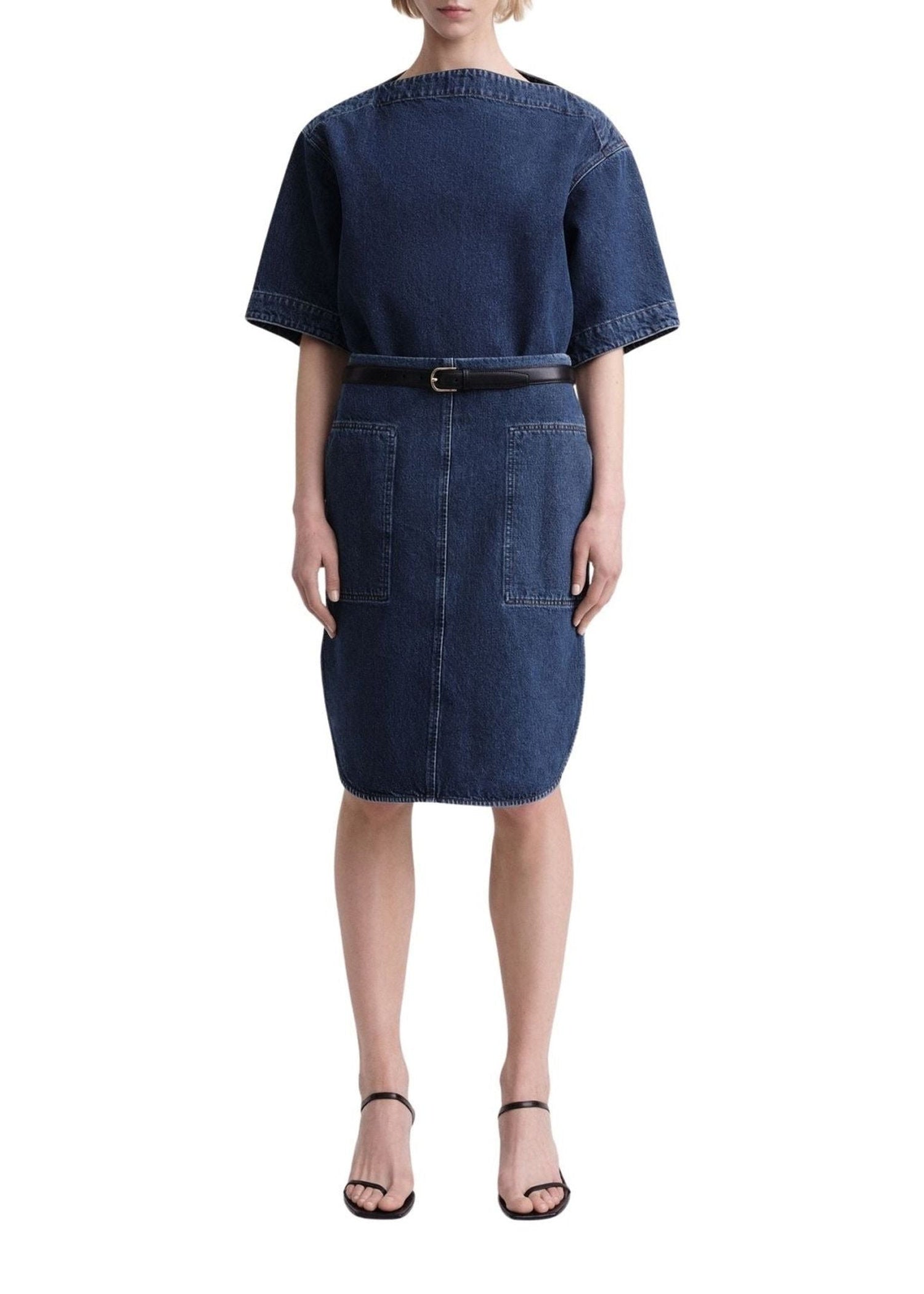 Denim midi skirt with curved hem - Dark Blue