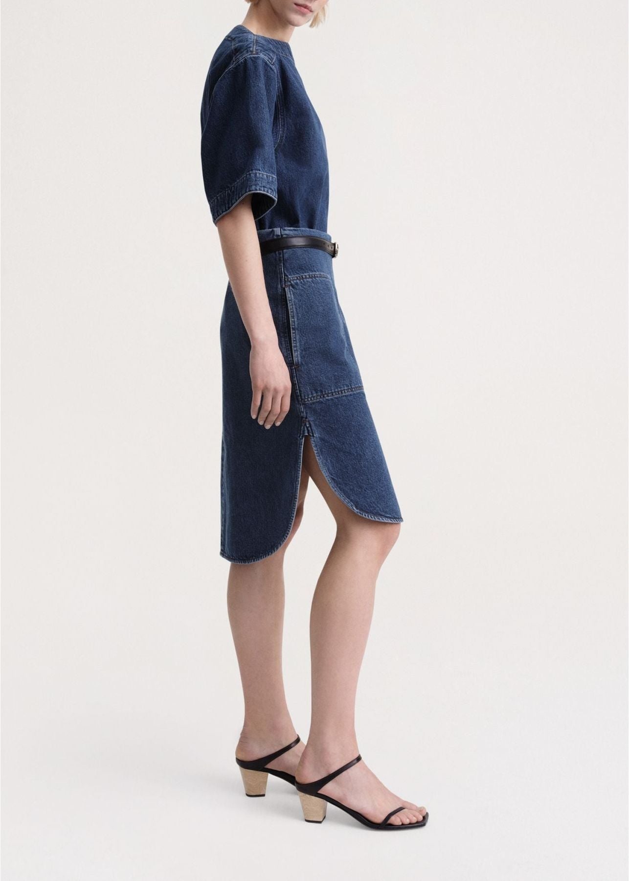 Denim midi skirt with curved hem - Dark Blue