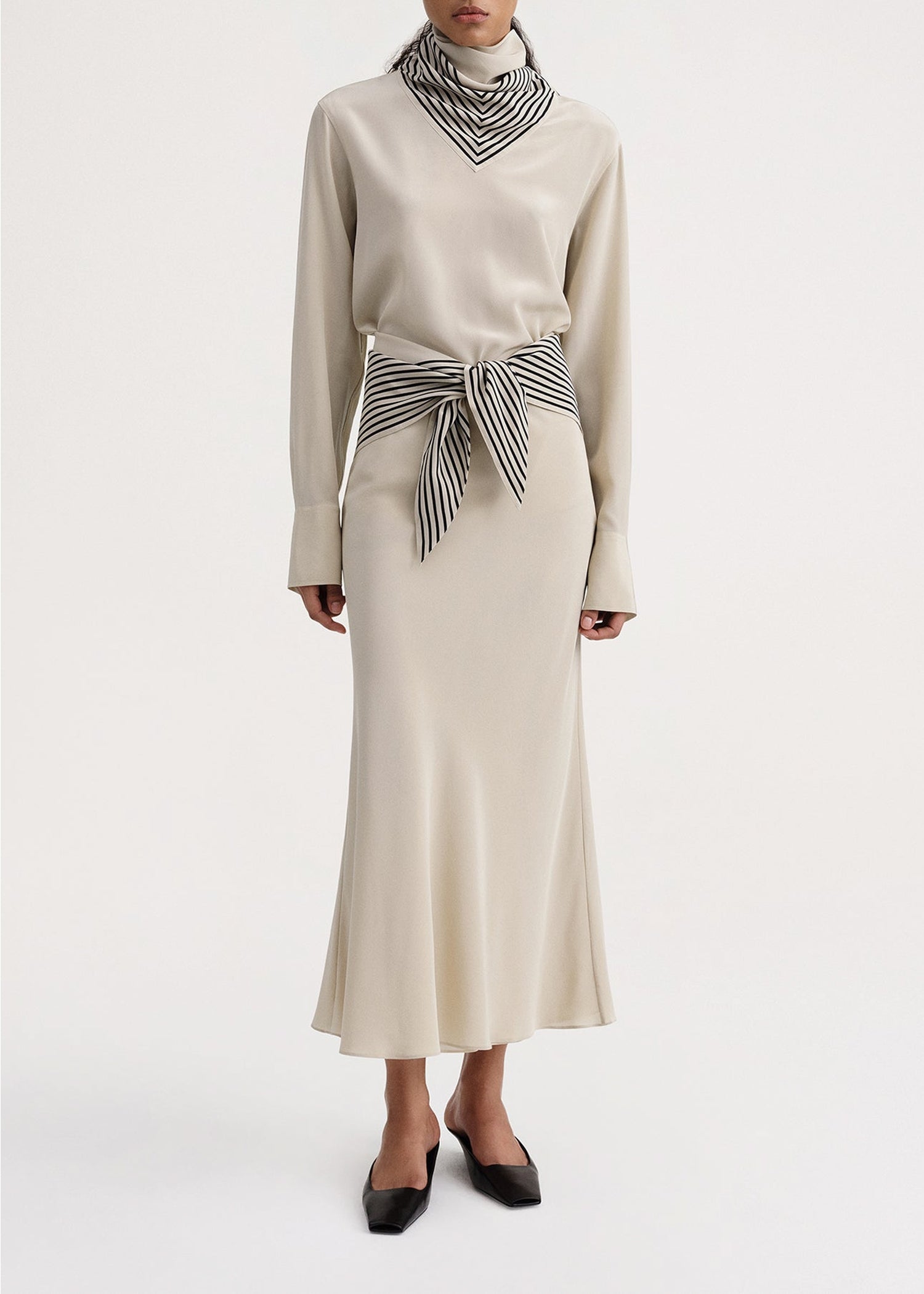 Jupe midi à foulard rayé en soie - Sand
