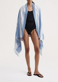 Paréo rayé en lin - Cornflower & Off White