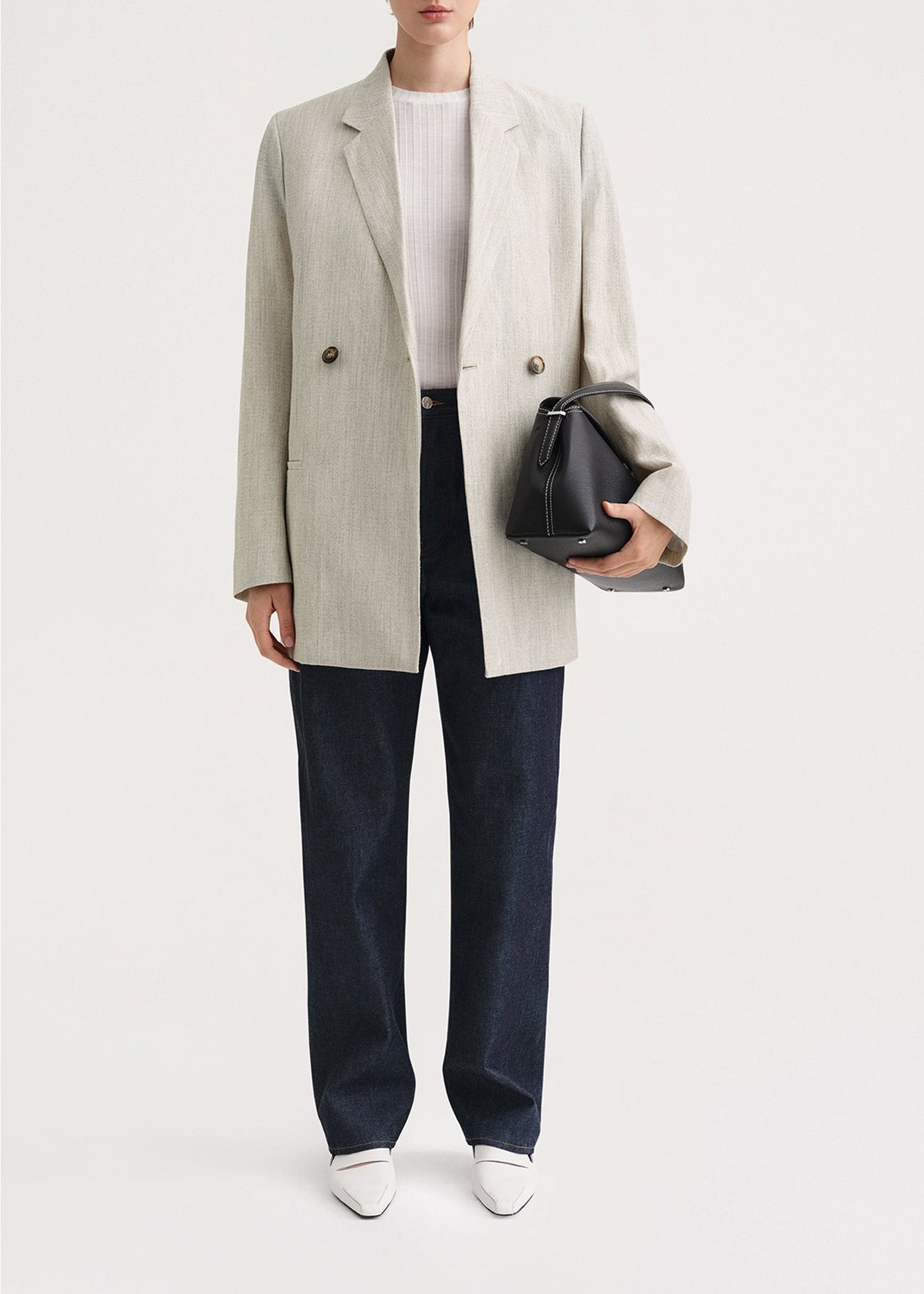 Double-breasted wool and linen blazer - Mist Melange