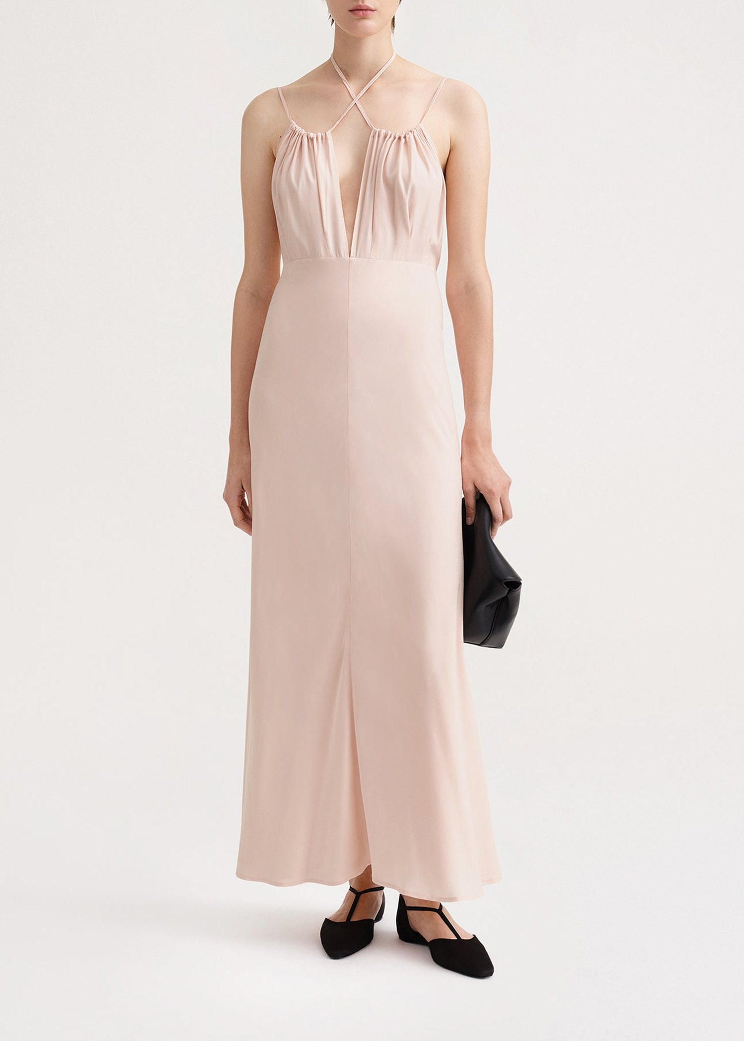 Robe longue à col licou froncé en soie - Powder