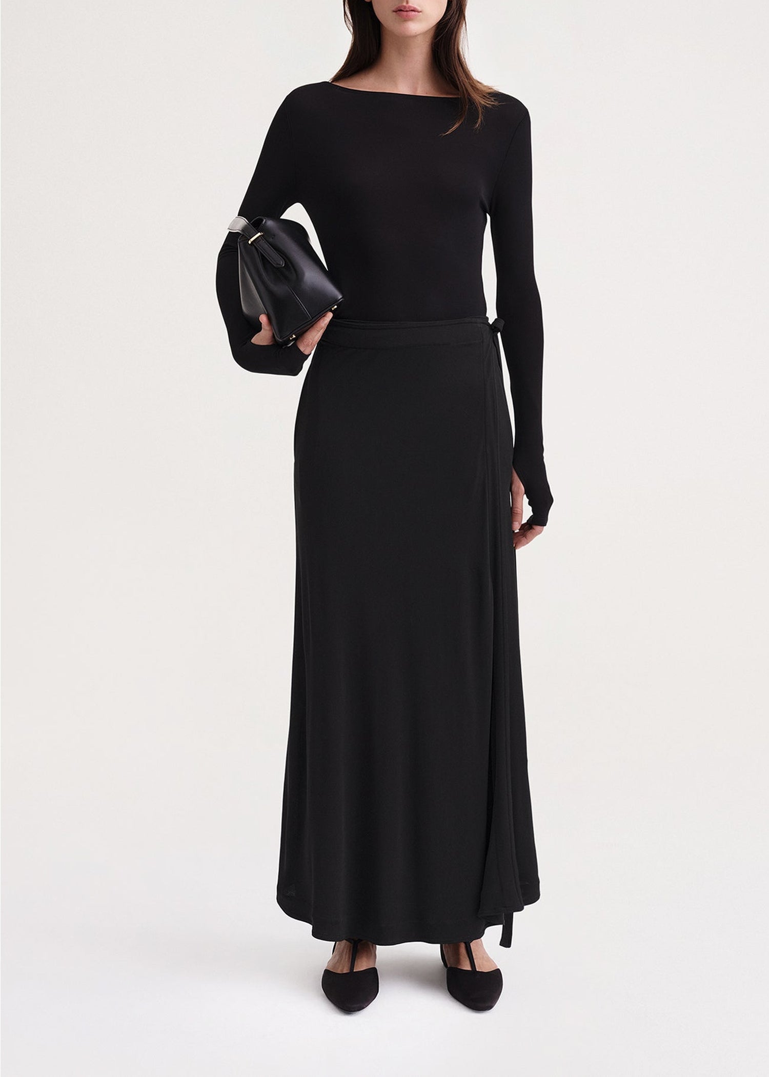 Jupe longue portefeuille à taille nouée - Black