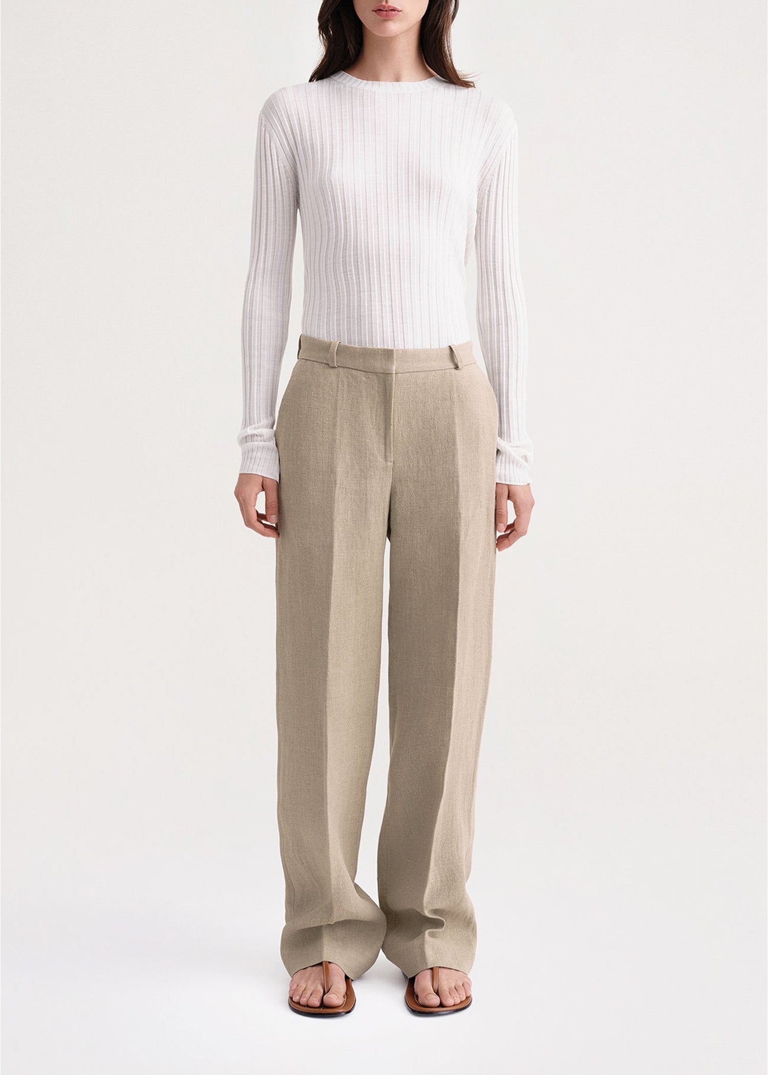 Pantalon droit taille moyenne en lin - Wheat Melange