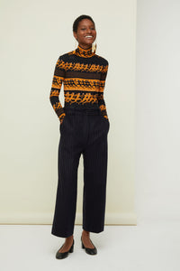 Pantalon droit à rayures en laine - Marine & Terre de Sienne