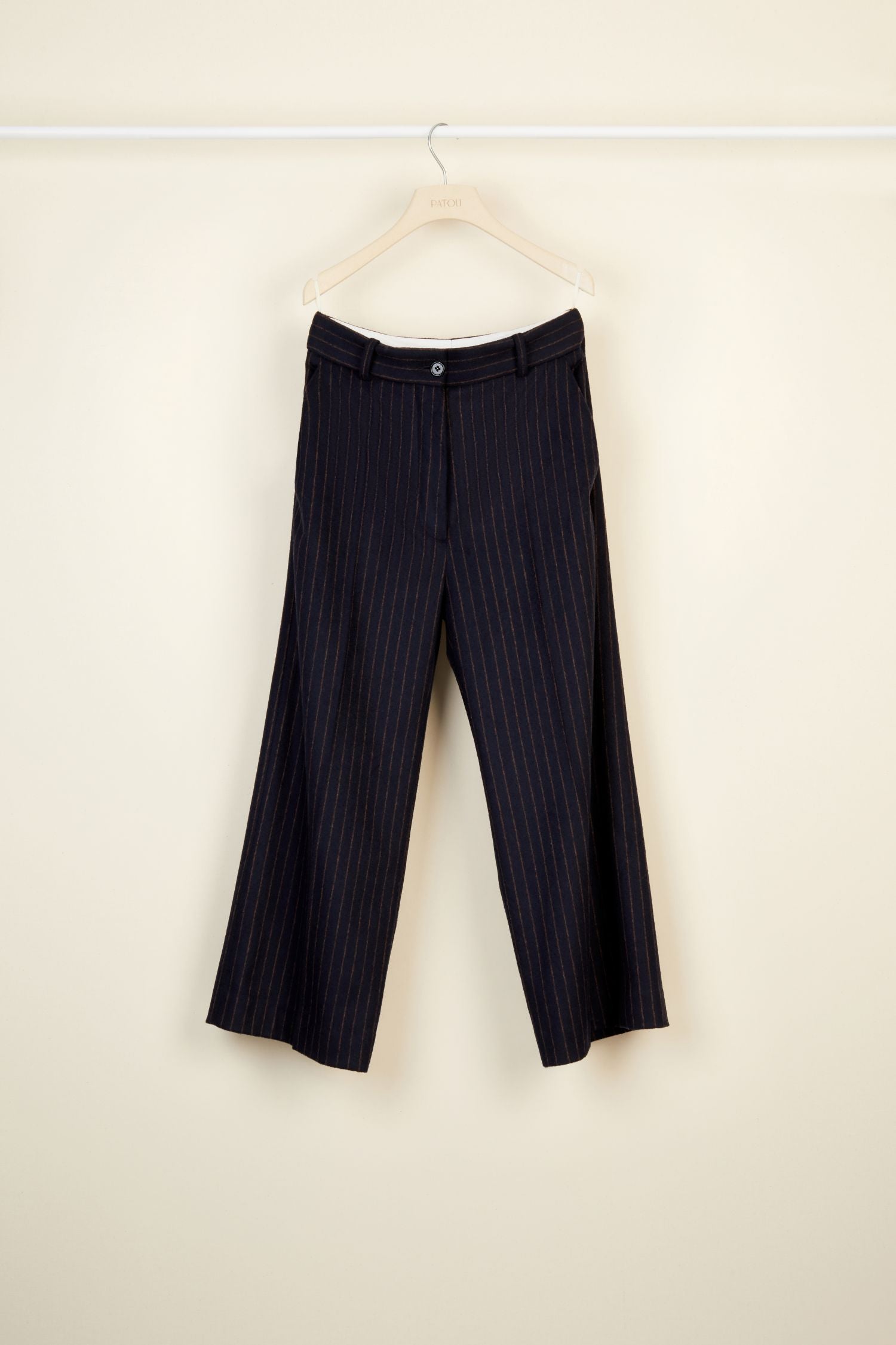 Pantalon droit à rayures en laine - Marine et Sienne