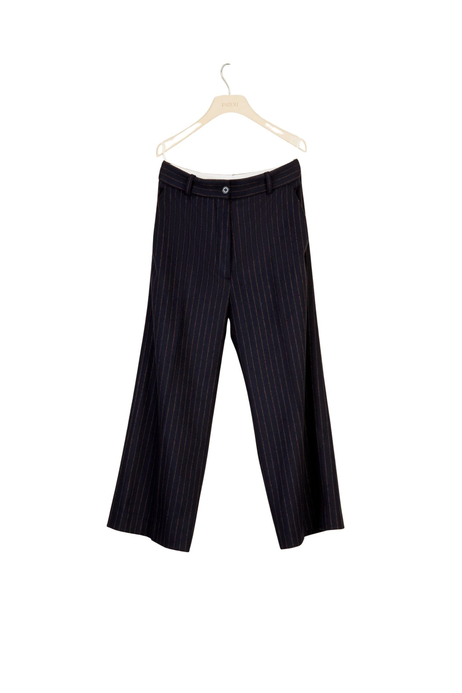 Pantalon droit à rayures en laine - Marine & Terre de Sienne