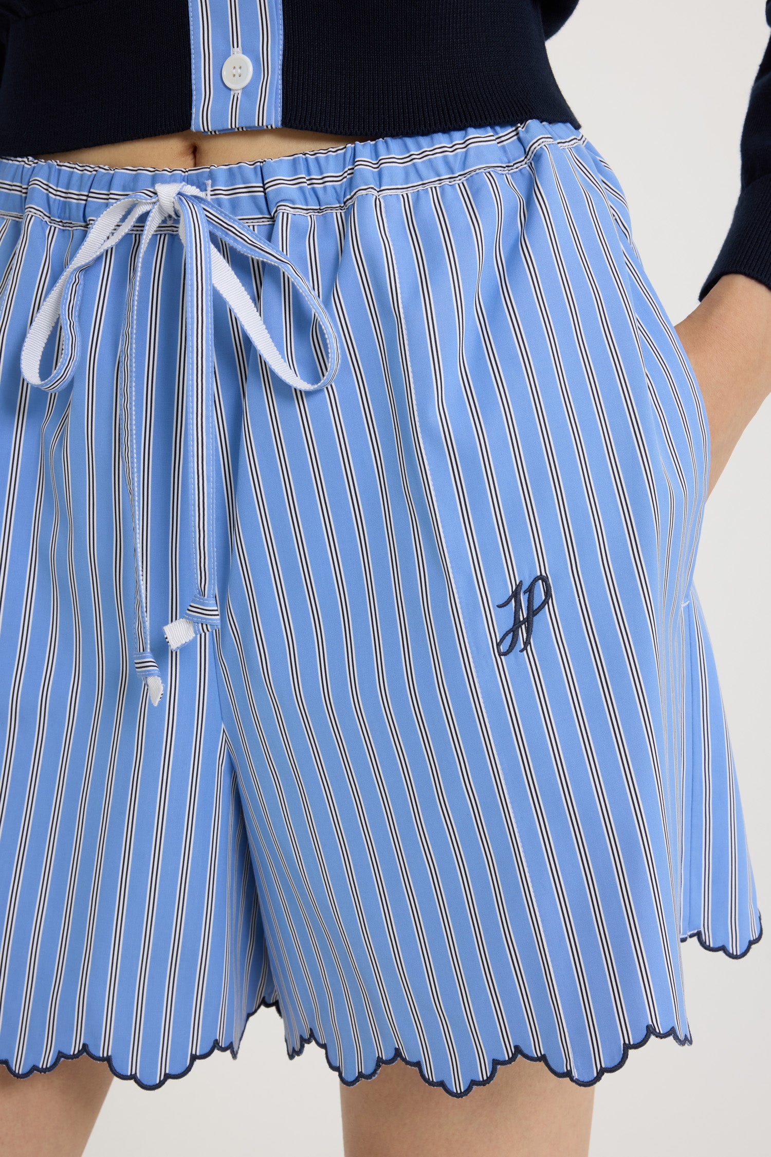 Short à rayures en popeline de coton - Bleu