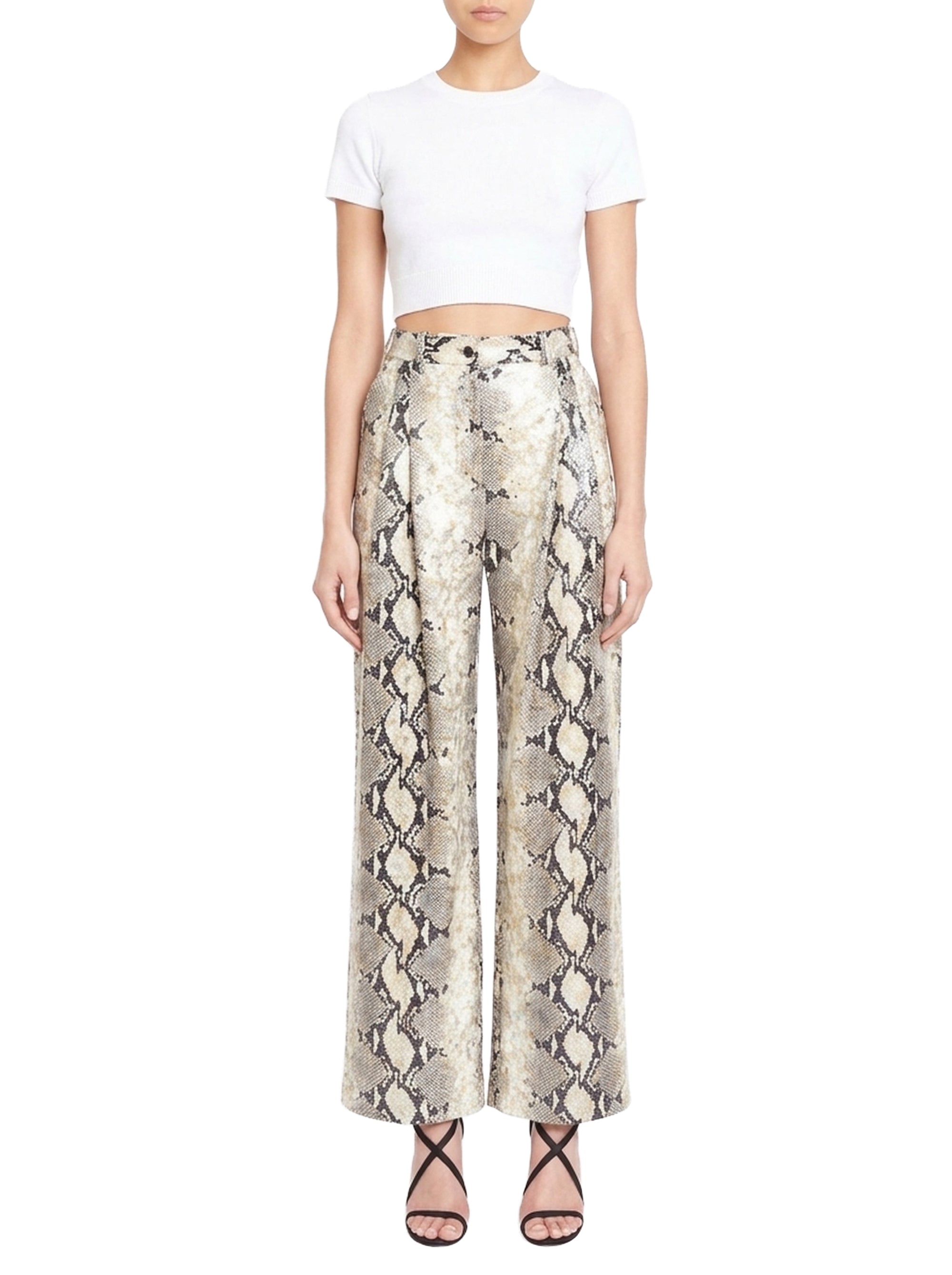 Pantalon large court à motif animalier en cuir - Beige & Gold