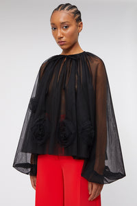 Black / ROSE APPLIQUE BLOUSE