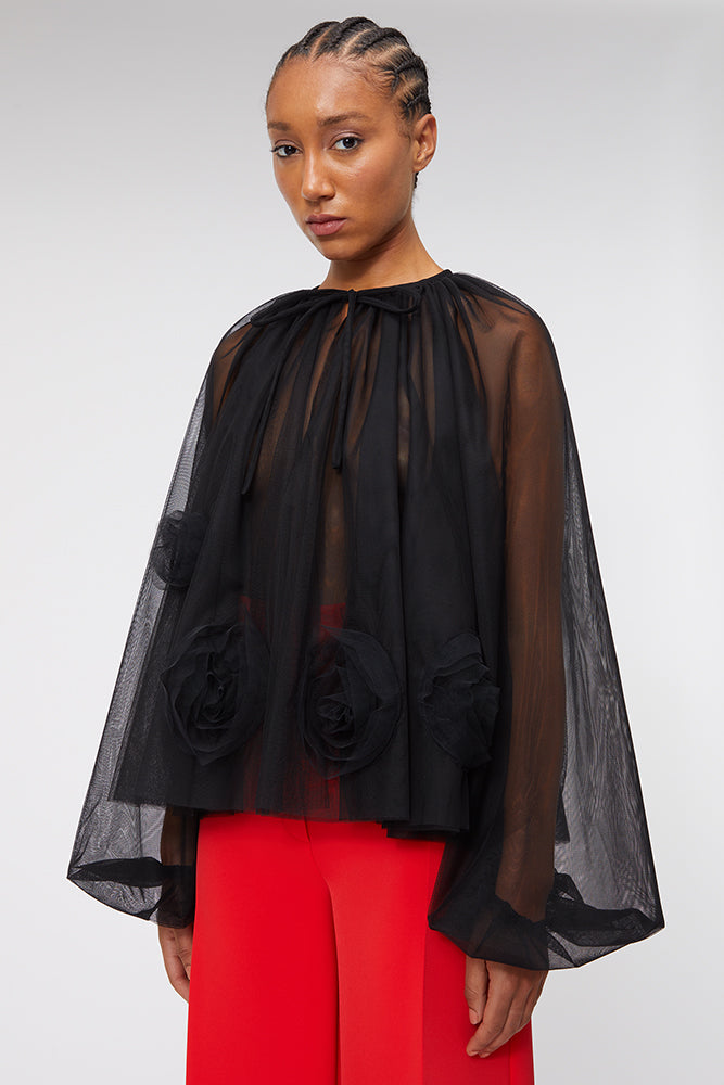 Black / ROSE APPLIQUE BLOUSE