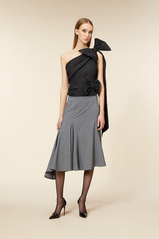 Black / ONE-SHOULDER DRAPE BOW SHIRT