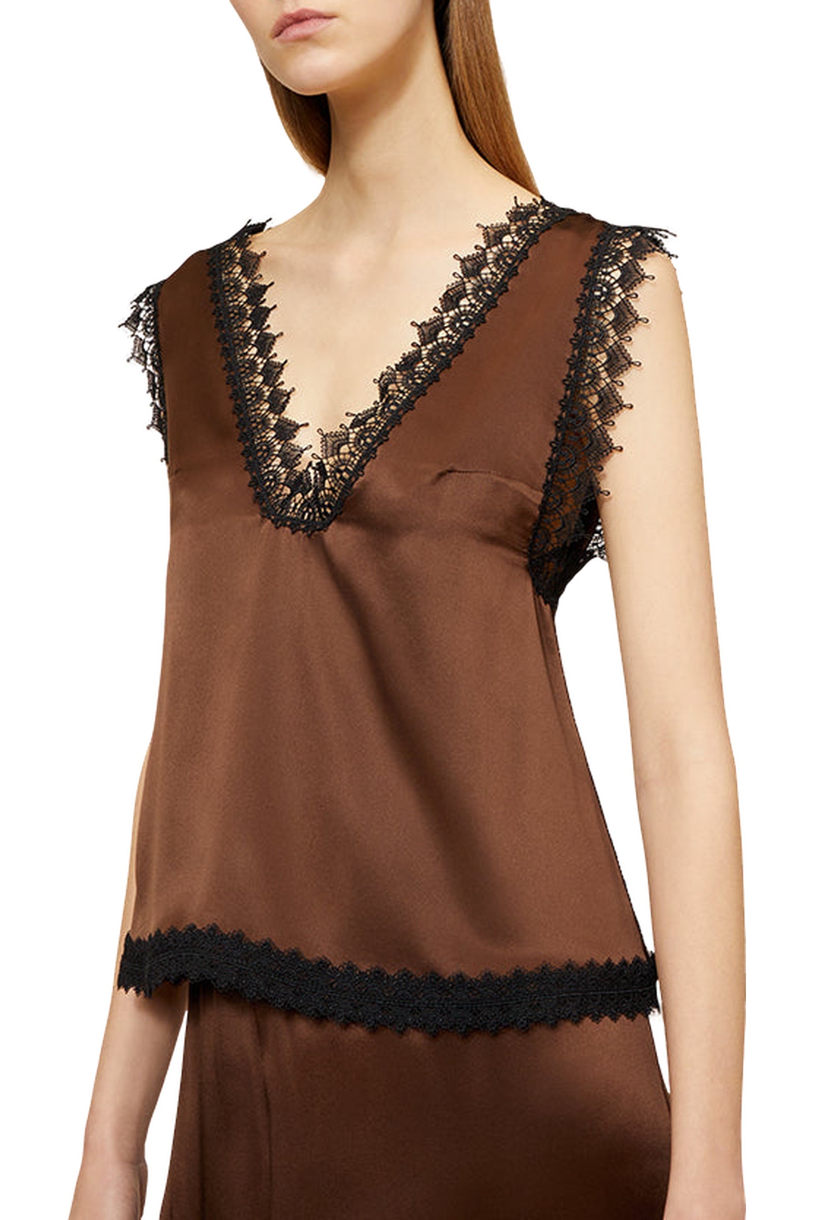 Caraco avec dentelle en soie - Brown