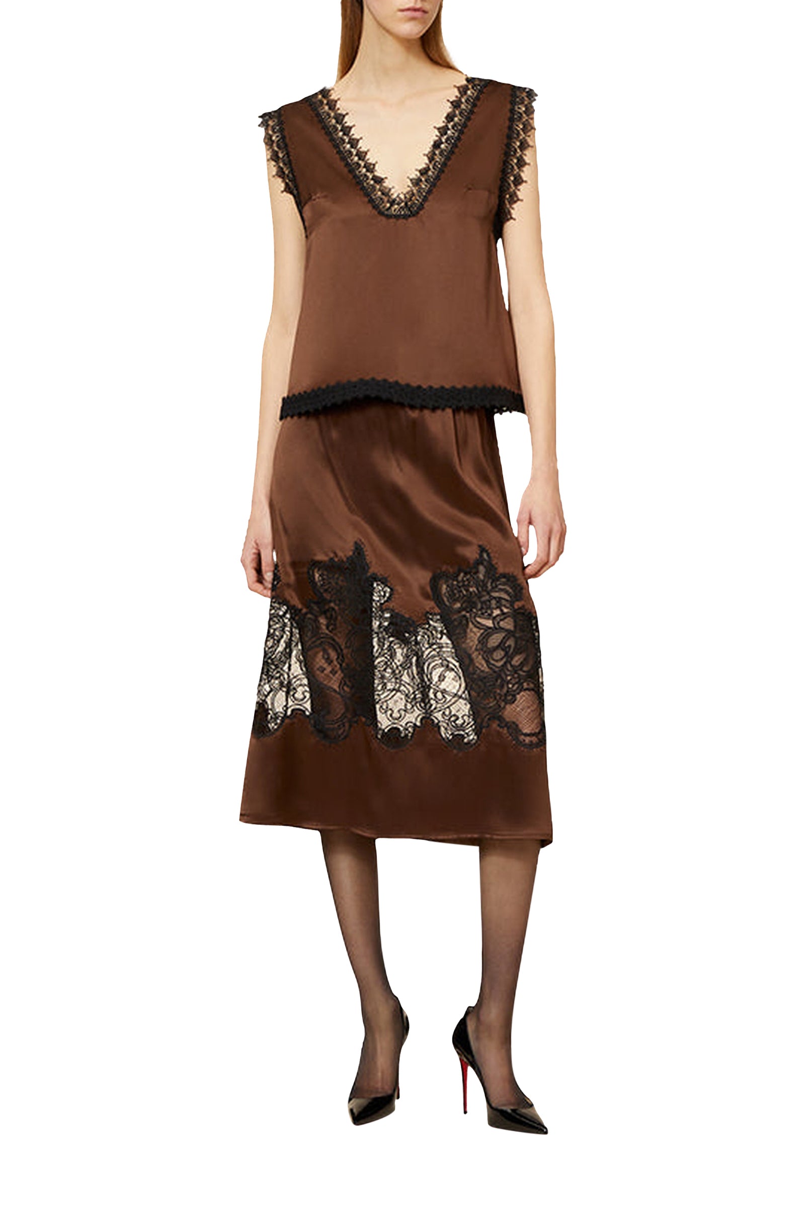 Caraco avec dentelle en soie - Brown