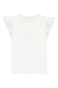 T-shirt à monogramme fleuri et volants en coton - Écru