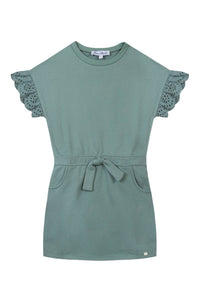 Robe à taille nouée et manches brodées en coton - Vert sauge