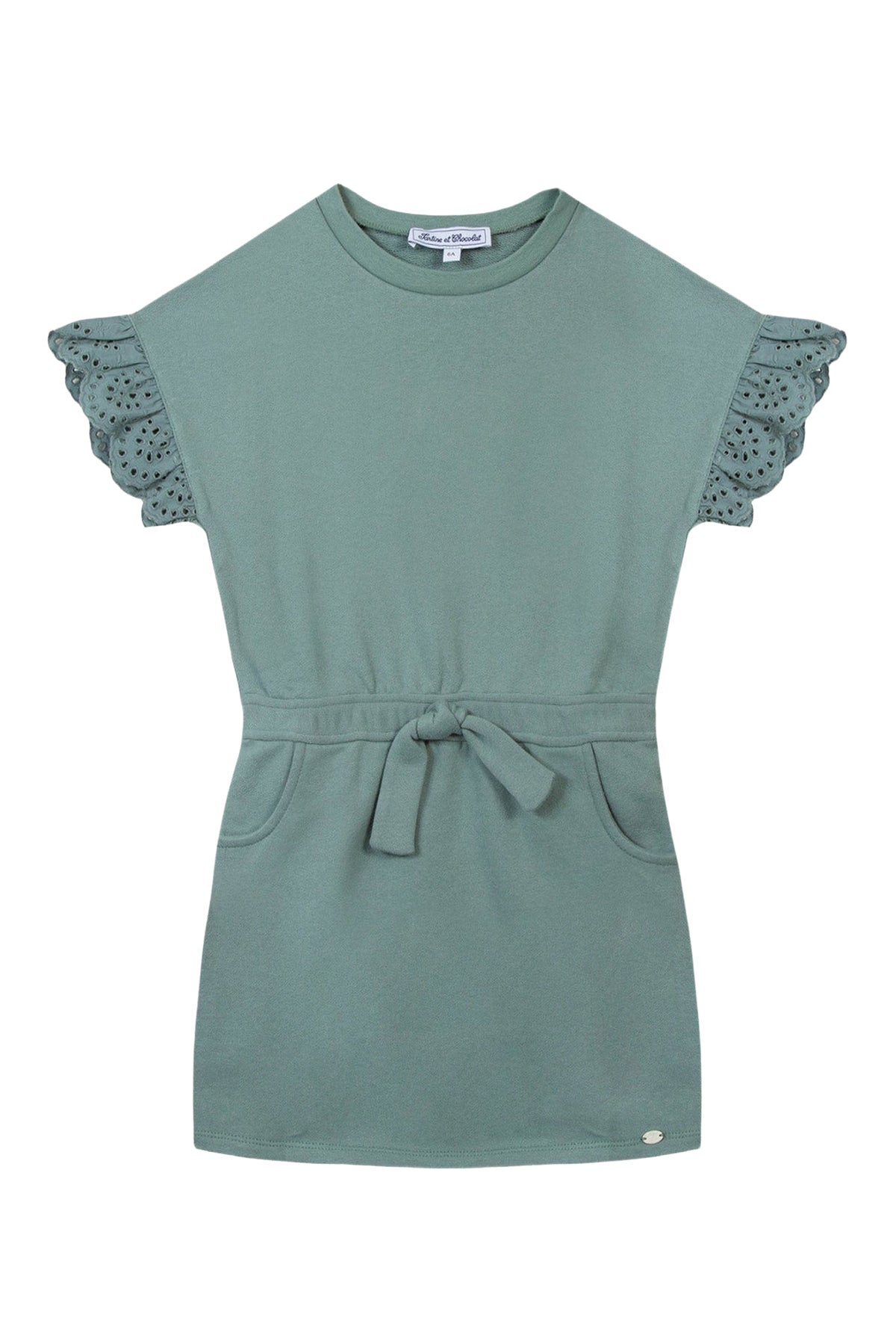 Robe à taille nouée et manches brodées en coton - Vert sauge