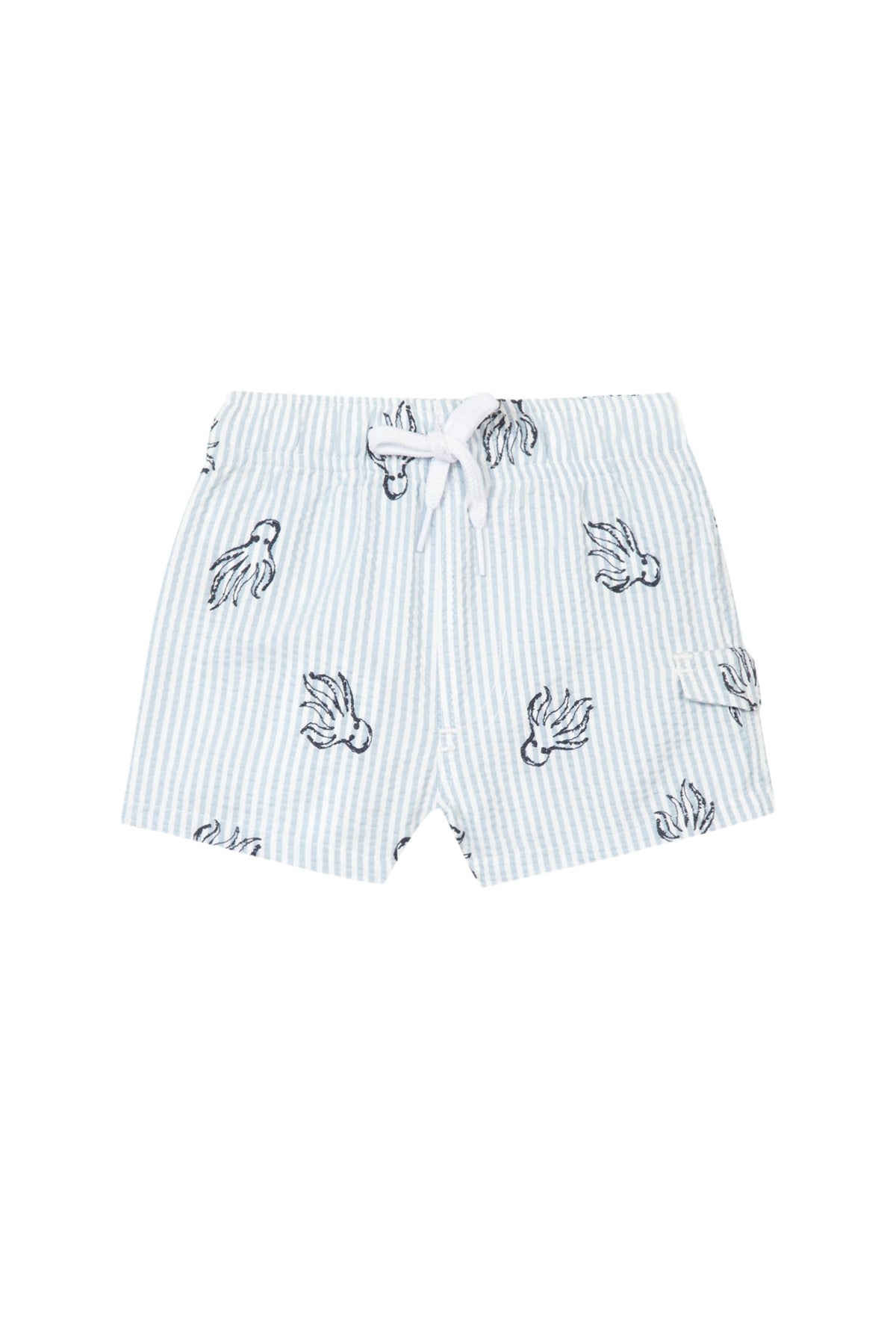 Short de bain rayé à poissons en laine - Bleu clair