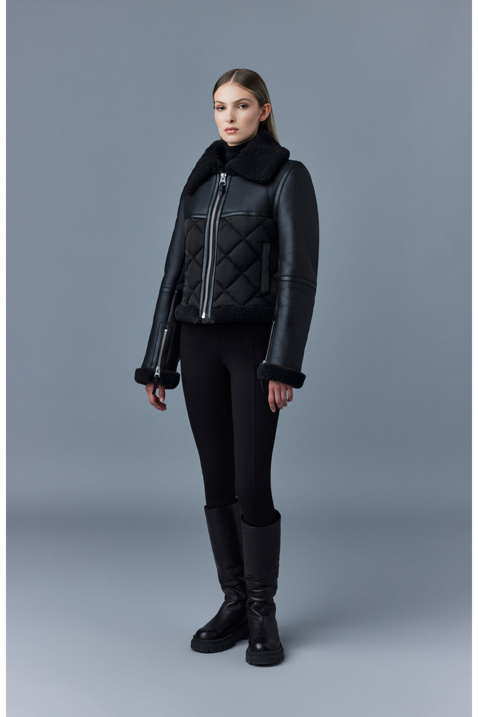 Veste bombardier Tulip zippée en peau lainée - Black