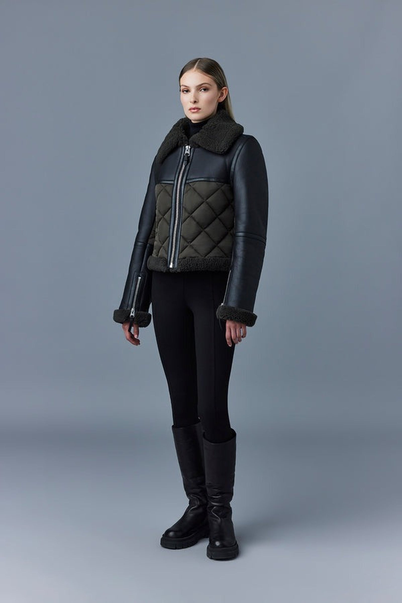 Veste bombardier Tulip zippée en peau lainée - Dark Olive