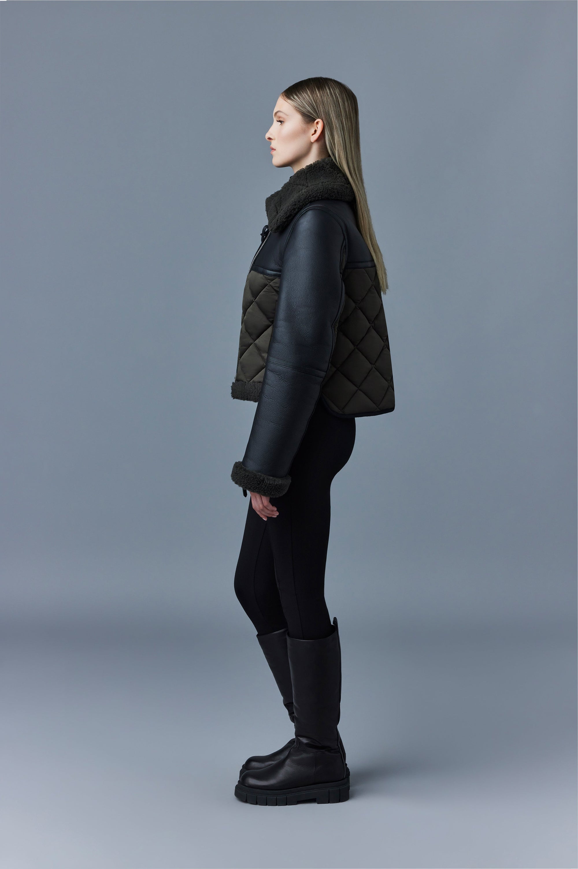 Veste bombardier Tulip zippée en peau lainée - Dark Olive