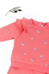 Ensemble sweat à volants et pantalon en coton - Corail