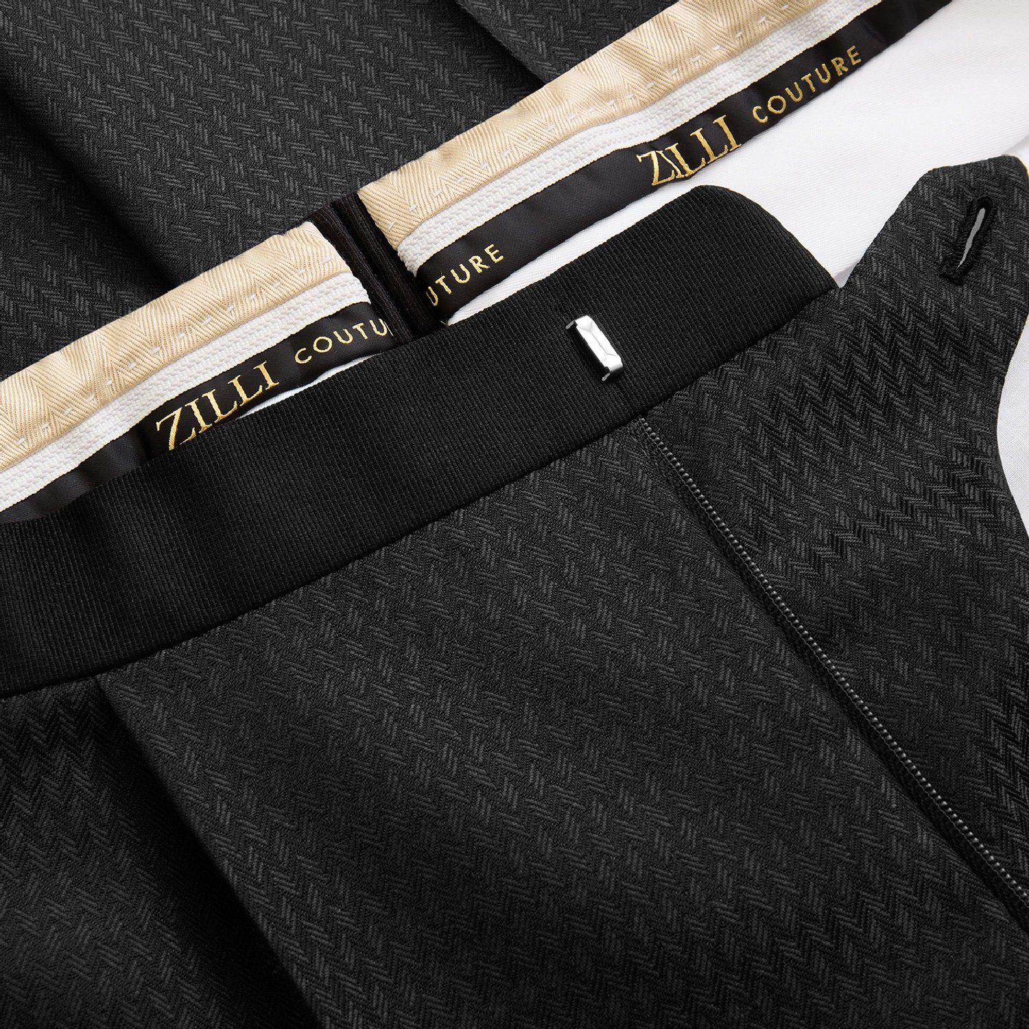 Pantalon de costume tissé en laine - Noir & Beige