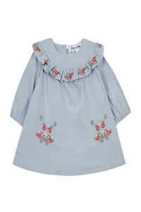 Robe à rayures et col volanté fleuri en coton - Bleuet