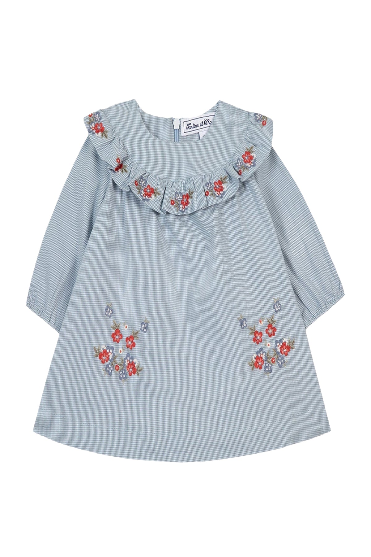 Robe à rayures et col volanté fleuri en coton - Bleuet